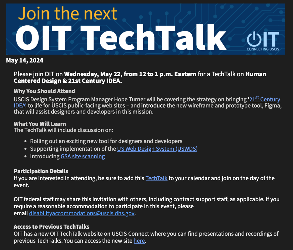 Save the Date email for OIT TechTalk featuring Hope Turner on Human Centered Design and 21st Century IDEA, May 22, 2024